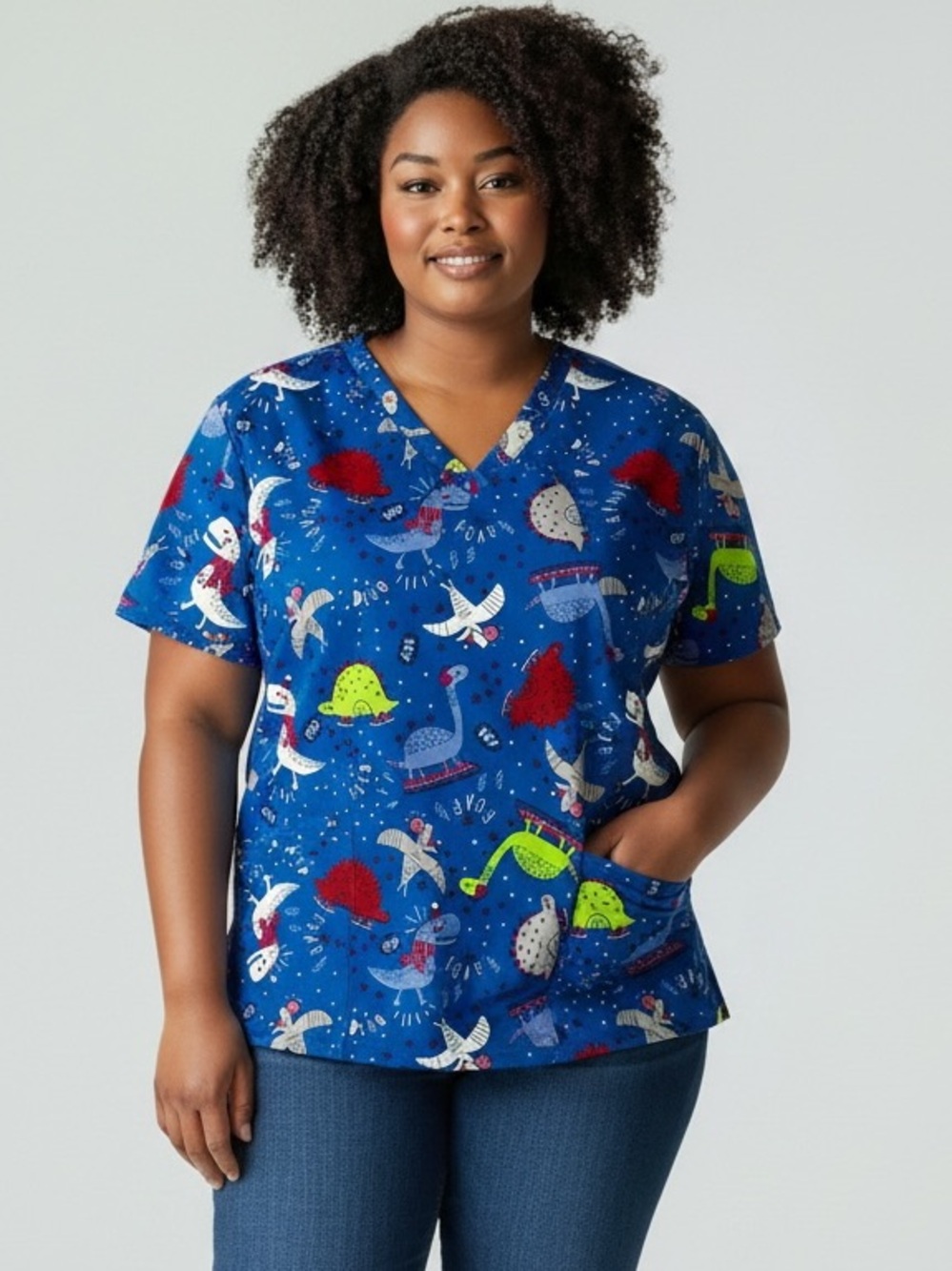 KIO BASIC Women’s Blue Printed V-Neck Scrub Top 3X Medical Nurse Animal Pockets